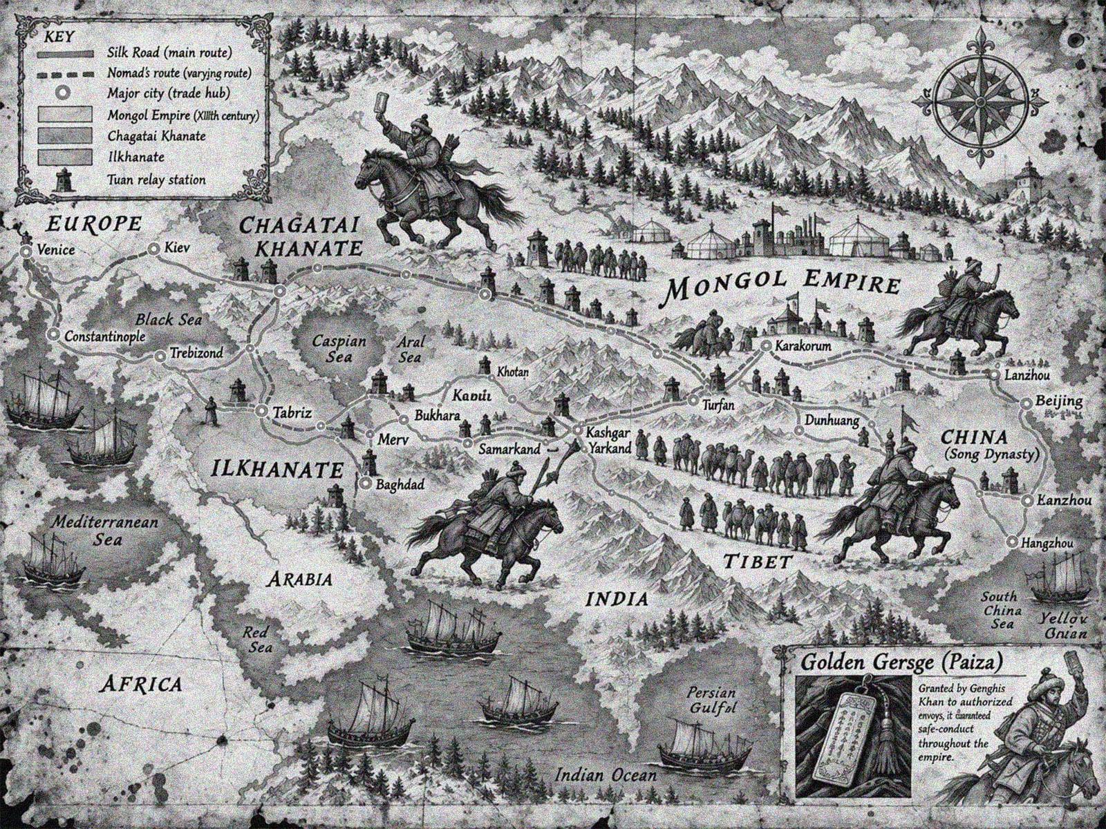 An illustrated map of the Mongol Empire showing horse-relay routes, horsemen and stations.