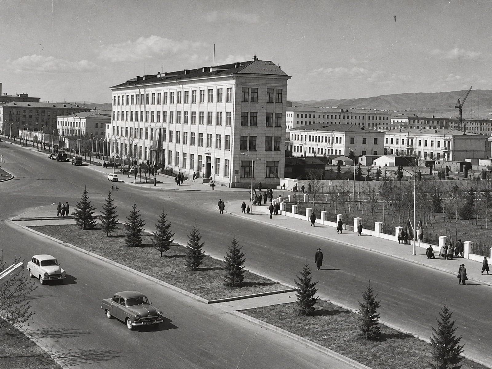 The central telecommunications building and the avenue in front of it.