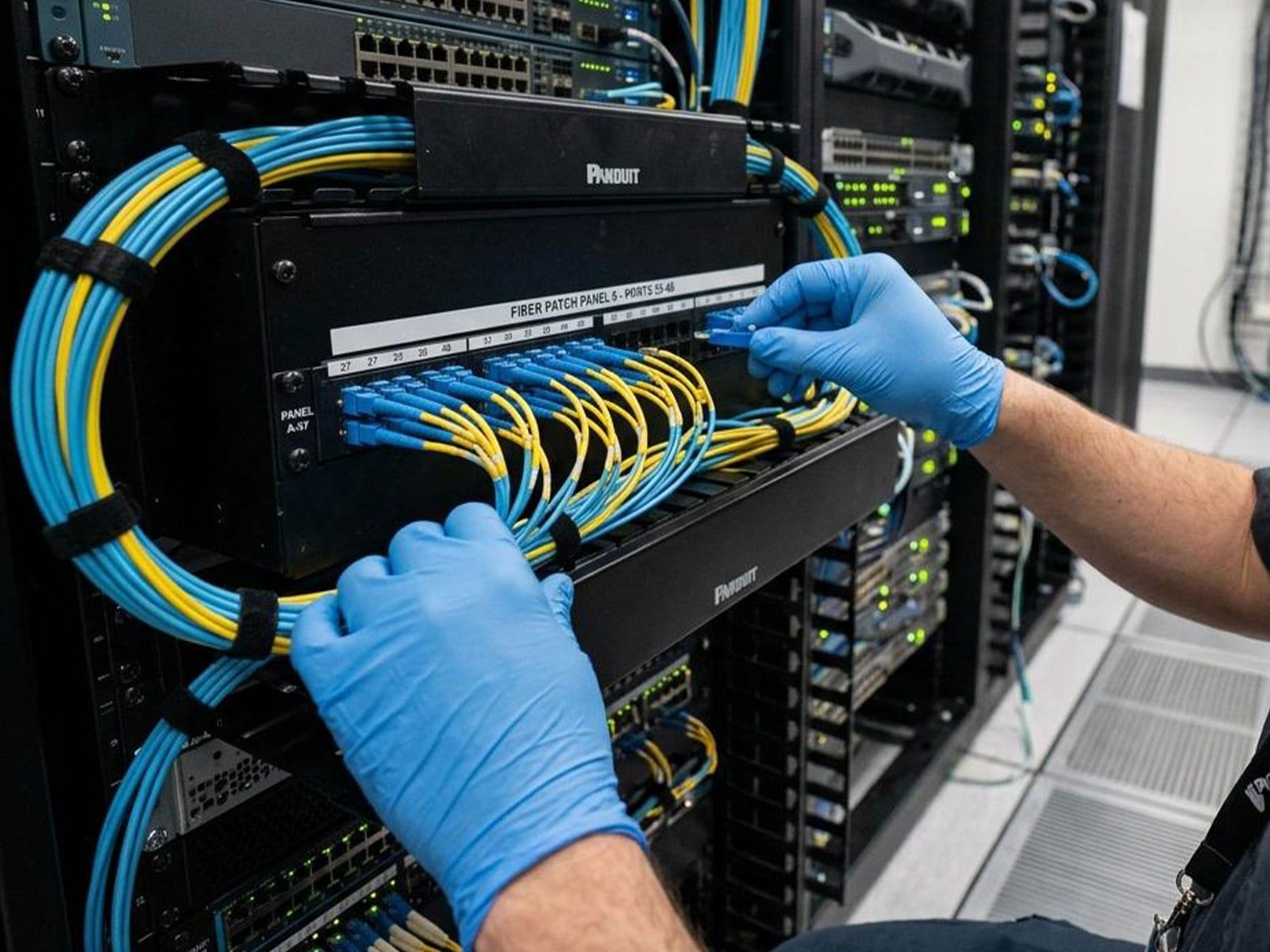 Hands connecting fibre cables in a network patch panel.